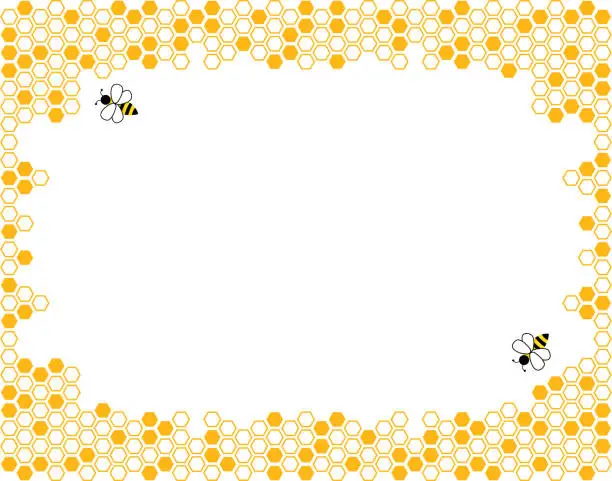 Vector illustration of Orange border of geometric hexagons with cute bee. Symbolizing the honeycomb.