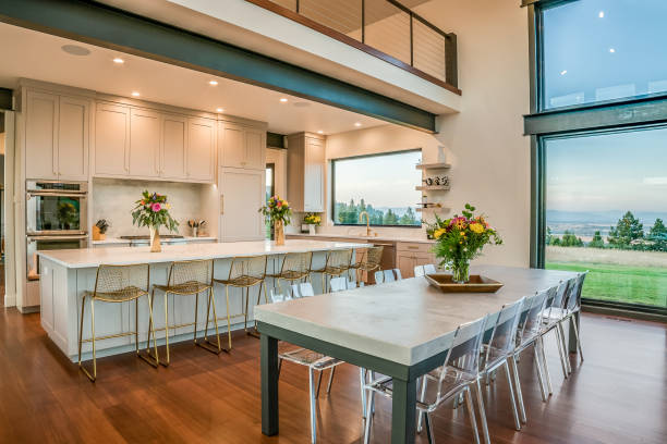 Huge island with two story open ceiling