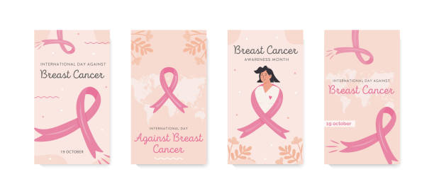 ilustrações de stock, clip art, desenhos animados e ícones de set of vector stories template for international day against breast cancer. collection of banners for social media. breast cancer awareness month campaign with pink ribbons. flat style illustration. - cancer cell cancer breast cancer breast
