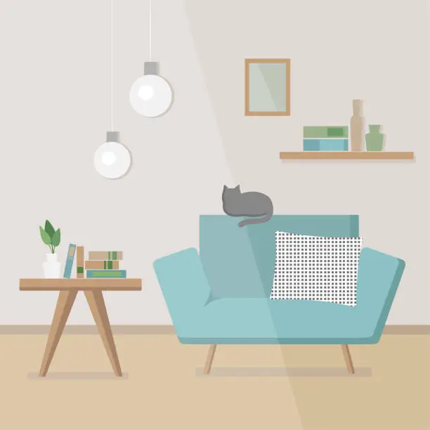 Vector illustration of Cozy interior with an armchair, a coffee table, books, a bookshelf, lamps and a cat. A comfortable place to relax, read, study or work at home. Modern flat style vector illustration.