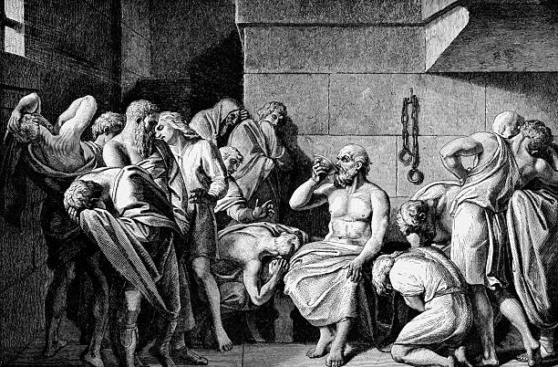 Socrates Drinking The Conium Socrates Drinking The Conium. Engraved by unknown engraver and published in Pictorial History Of The Worlds Great Nations, United States, 1882. philosopher stock illustrations