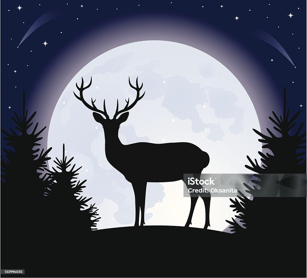 Deer and the moon. Silhouette of a deer standing on a hill. Full moon on the background. Animal stock vector