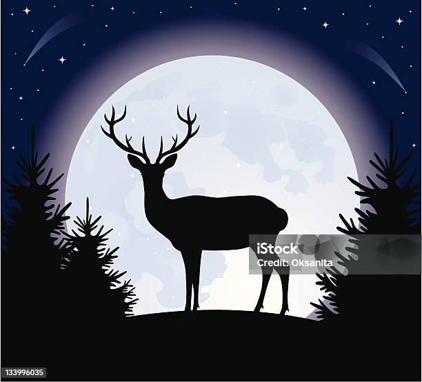 Deer And The Moon Stock Illustration - Download Image Now - Animal, Animals In The Wild, Antler