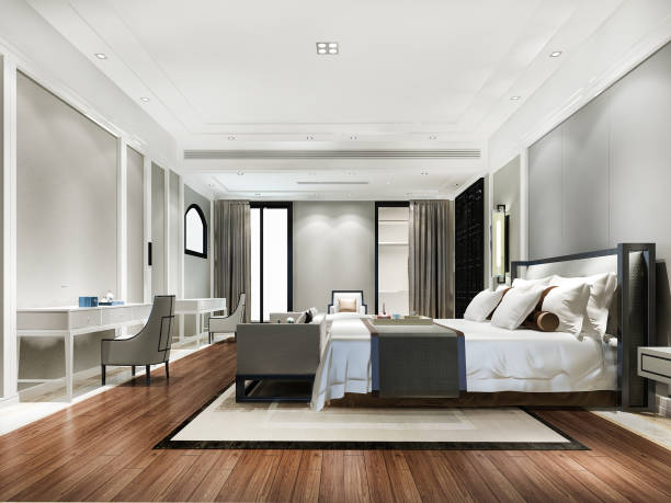 istock 3d rendering beautiful comtemporary luxury bedroom suite in hotel with tv and sofa 1339962531