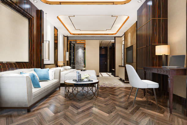 istock 3d rendering beautiful luxury bedroom suite in hotel with tv and working table 1339962538