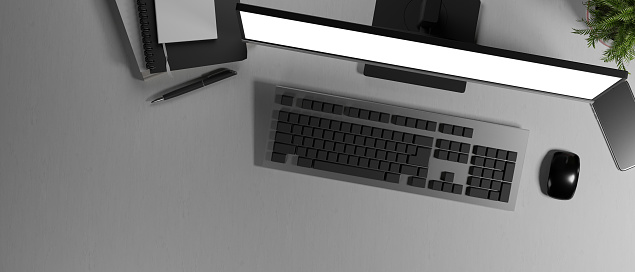 Above view computer with empty display on white table. 3D rendering.