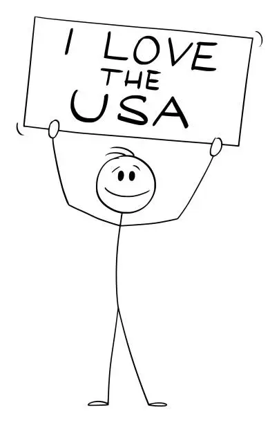 Vector illustration of Person Holding I love USA Sign , Vector Cartoon Stick Figure Illustration