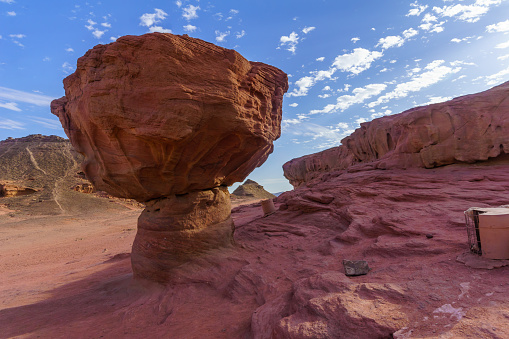 View of landscape and the Mushroom rock formation, in the Timna Valley, Arava desert, southern Israel