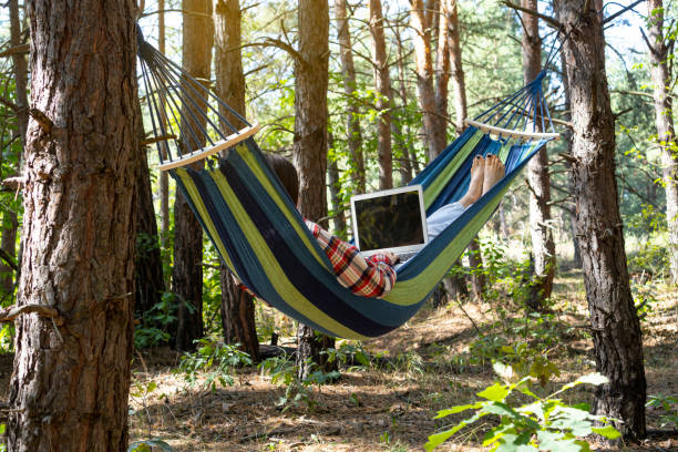 istock Freelance and working at nature. Freelancer woman works at notebook while lying on the hammock in the forest. Online business independent of the office. 1339966134