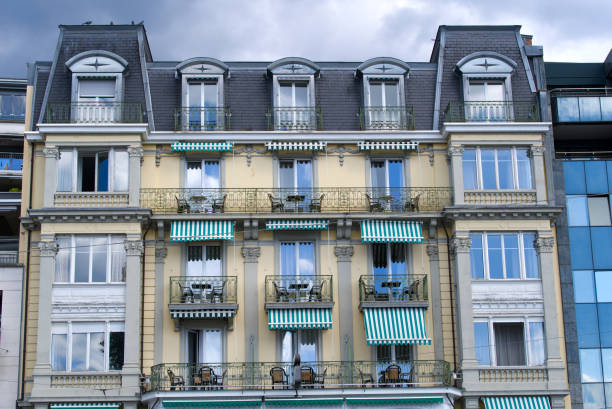 Facades at City of Montreux on a cloudy summer day. Photo taken August 28th, 2021, Montreux, Switzerland.