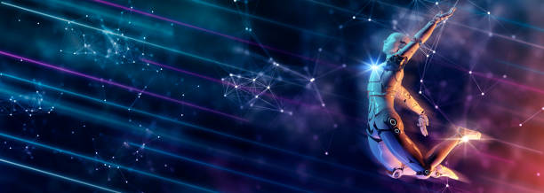 istock Digital smart world technology concept, 3D humanoid robot in abstract futuristic cyber space, AI artificial intelligence robot for future life. 1339968344