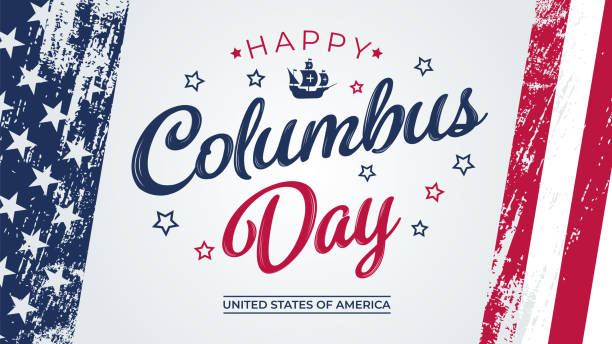 USA Columbus Day greeting card with brush stroke background in United States national flag colors and hand lettering text Happy Columbus Day. Vector illustration. USA Columbus Day greeting card with brush stroke background in United States national flag. Vector illustration. columbus day stock illustrations