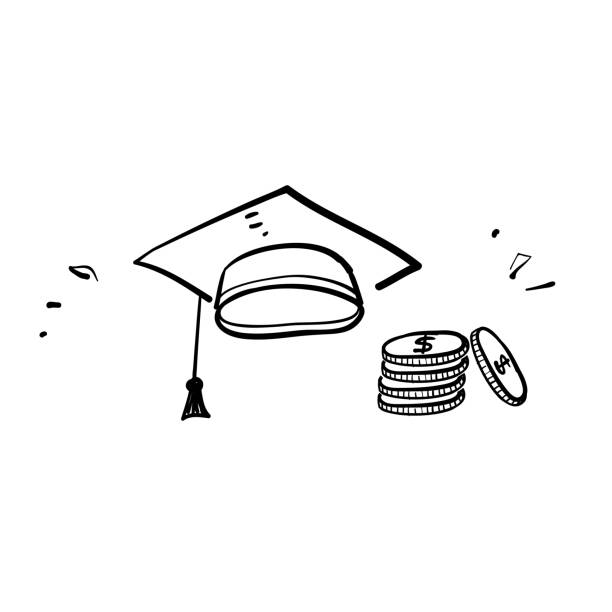 hand drawn doodle graduation hat and money illustration for tuition fee hand drawn doodle graduation hat and money illustration for tuition fee budget drawings stock illustrations