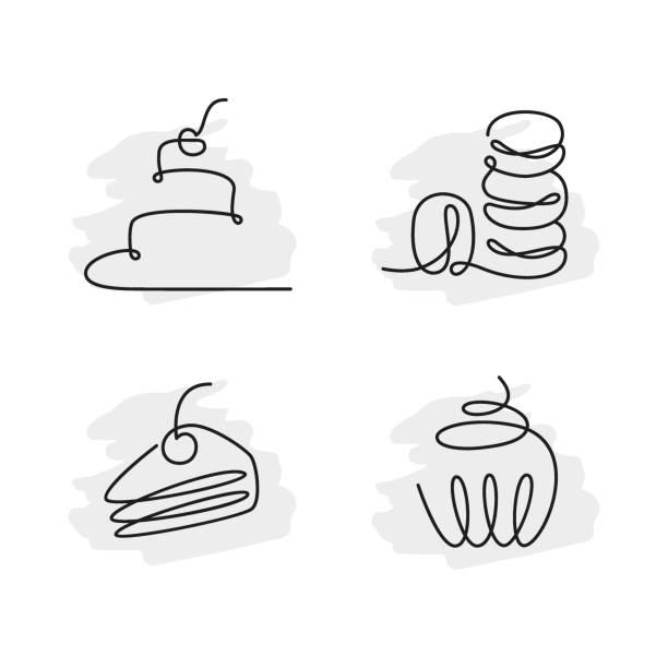 Set of continuous line art Birthday cakes, macaroon, muffin. Vector illustration minimalism isolated on white Set of continuous line art Birthday cakes, macaroon, muffin. Vector illustration minimalism isolated on white background macaroon stock illustrations