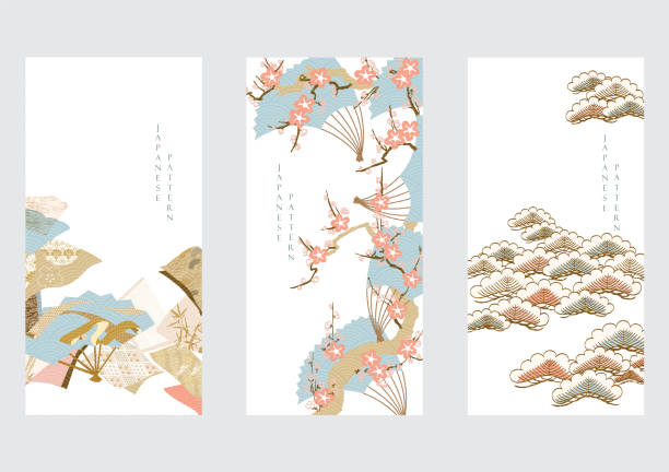 Abstract background in oriental style. Chinese new year banner. Geometric line with Japanese pattern vector. Peony flower and wavy object. Abstract background in oriental style. Chinese new year banner. Geometric line with Japanese pattern vector. Peony flower and wavy object. oriental cherry tree stock illustrations