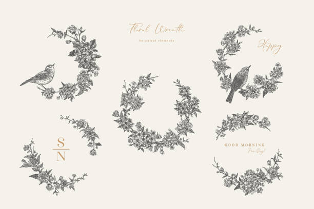 Spring set with floral wreaths and birds. Floral frame. Garland. Botanical illustration. Vector. Vintage style. Japanese kerria, cherry, hawthorn, willow warbler. Black and white.