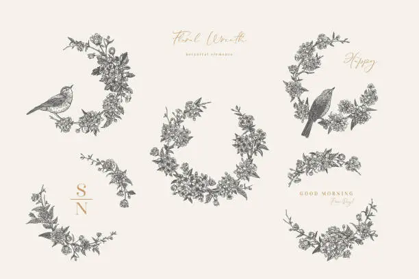 Vector illustration of Floral wreaths and birds. Black.