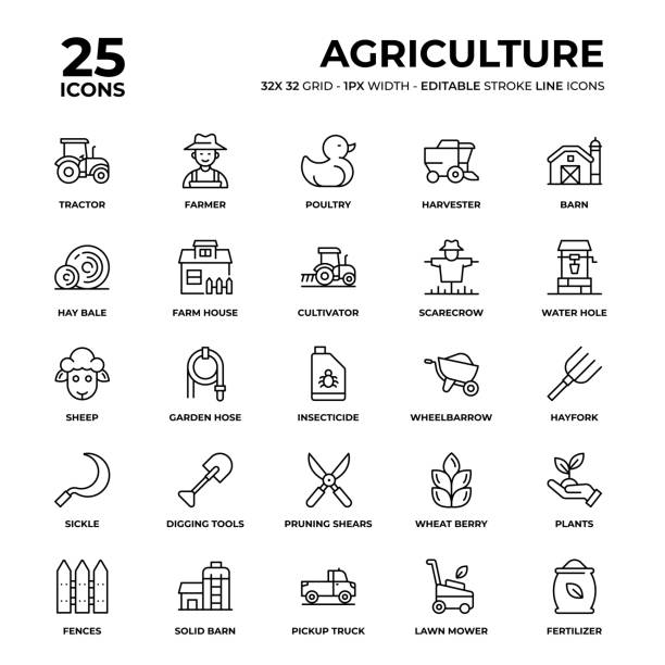 Agriculture Line Icon Set Agriculture Vector Style Thin Line Icons on a 32 pixel grid with 1 pixel stroke width. Unique Style Pixel Perfect Icons can be used for infographics, mobile and web and so on. fertilizer icon stock illustrations