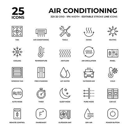 Air Conditioner Vector Style Thin Line Icons on a 32 pixel grid with 1 pixel stroke width. Unique Style Pixel Perfect Icons can be used for infographics, mobile and web and so on.