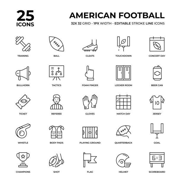 American Football Line Icon Set American Football Vector Style Thin Line Icons on a 32 pixel grid with 1 pixel stroke width. Unique Style Pixel Perfect Icons can be used for infographics, mobile and web and so on. football locker room stock illustrations