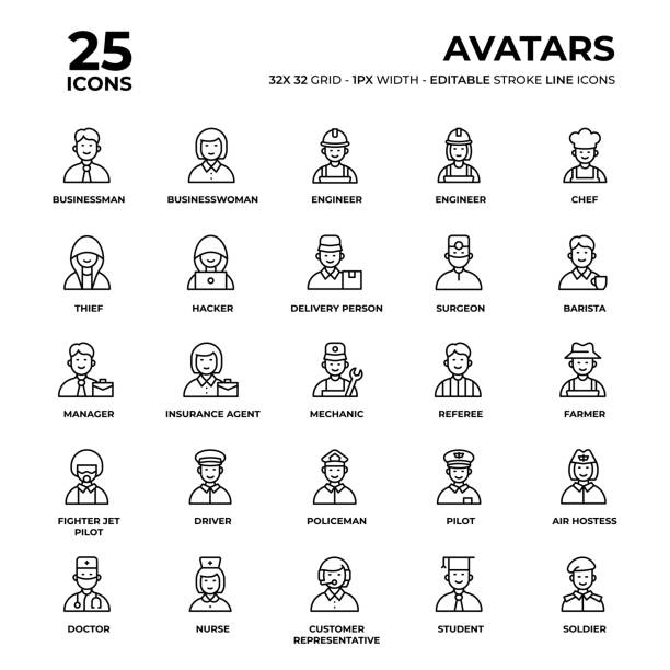 Avatars Line Icons Avatars And Occupations Vector Style Thin Line Icons on a 32 pixel grid with 1 pixel stroke width. Unique Style Pixel Perfect Icons can be used for infographics, mobile and web and so on. anonymous avatar stock illustrations