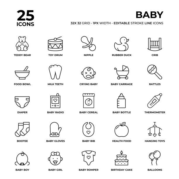 Baby Line Icon Set Baby Vector Style Thin Line Icons on a 32 pixel grid with 1 pixel stroke width. Unique Style Pixel Perfect Icons can be used for infographics, mobile and web and so on. rattle drum stock illustrations