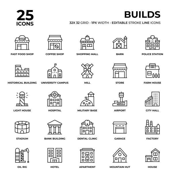 набор иконок линии зданий - ратуша stock illustrations