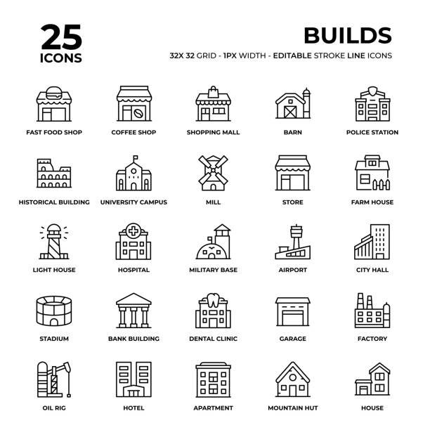 Buildings Line Icon Set Buildings Vector Style Thin Line Icons on a 32 pixel grid with 1 pixel stroke width. Unique Style Pixel Perfect Icons can be used for infographics, mobile and web and so on. store symbols stock illustrations