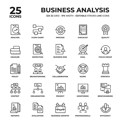 Business Analysis Vector Style Thin Line Icons on a 32 pixel grid with 1 pixel stroke width. Unique Style Pixel Perfect Icons can be used for infographics, mobile and web and so on.