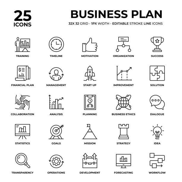 ilustrações de stock, clip art, desenhos animados e ícones de business plan line icon set - projection