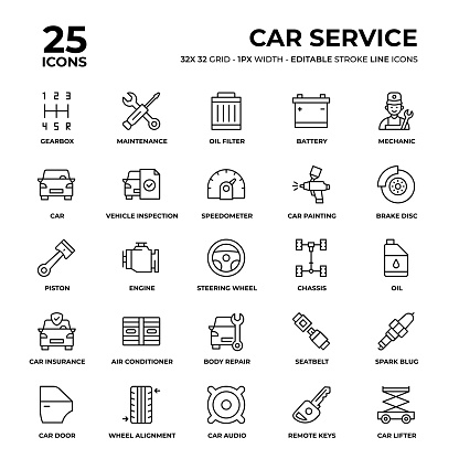Car Service Vector Style Thin Line Icons on a 32 pixel grid with 1 pixel stroke width. Unique Style Pixel Perfect Icons can be used for infographics, mobile and web and so on.