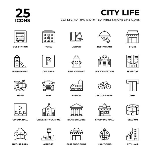 набор значков «линия жизни города» - полицейский участок иллюстрации stock illustrations