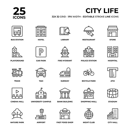 City Life Vector Style Thin Line Icons on a 32 pixel grid with 1 pixel stroke width. Unique Style Pixel Perfect Icons can be used for infographics, mobile and web and so on.