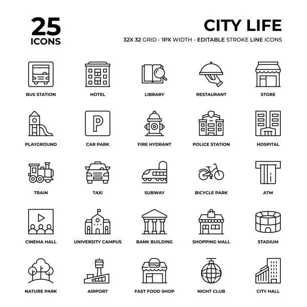 City Life Line Icon Set City Life Vector Style Thin Line Icons on a 32 pixel grid with 1 pixel stroke width. Unique Style Pixel Perfect Icons can be used for infographics, mobile and web and so on. civic center park stock illustrations