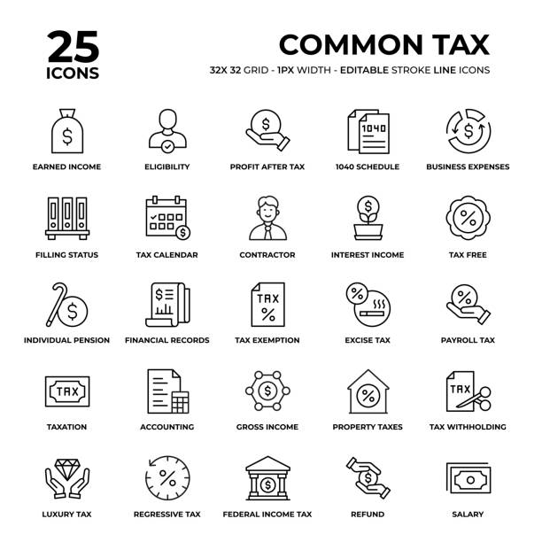 Common Tax Line Icon Set Common Tax Vector Style Thin Line Icons on a 32 pixel grid with 1 pixel stroke width. Unique Style Pixel Perfect Icons can be used for infographics, mobile and web and so on. tax stock illustrations