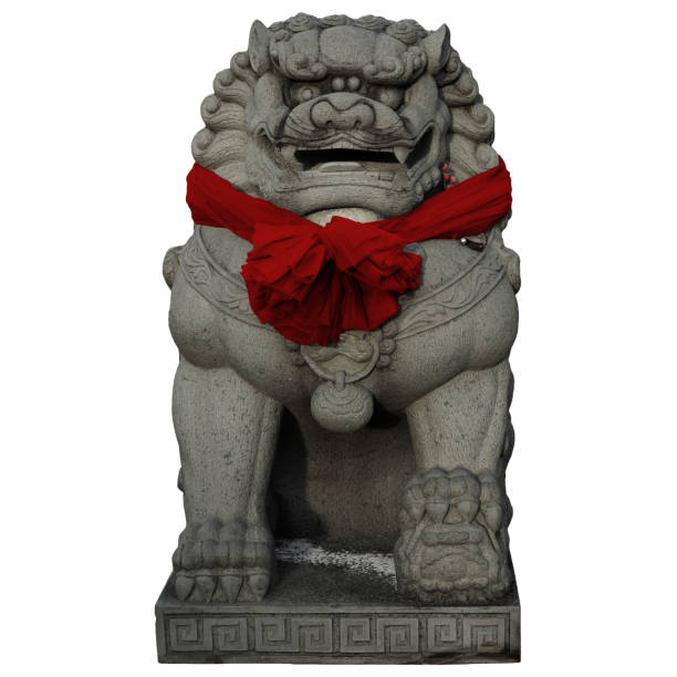 Chinese imperial lion statue with a red scarf, include clipping path