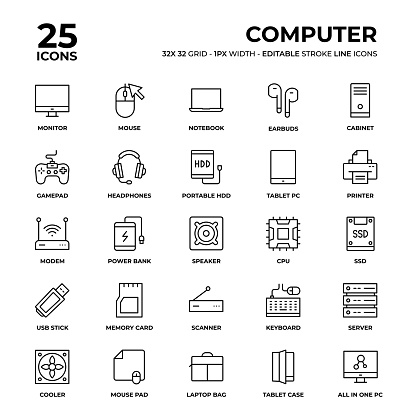 Computer Vector Style Thin Line Icons on a 32 pixel grid with 1 pixel stroke width. Unique Style Pixel Perfect Icons can be used for infographics, mobile and web and so on.