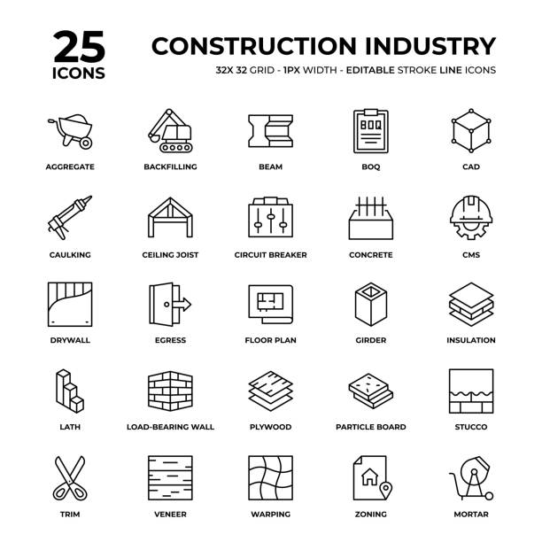 illustrations, cliparts, dessins animés et icônes de jeu d’icônes de ligne de l’industrie de la construction - stucco