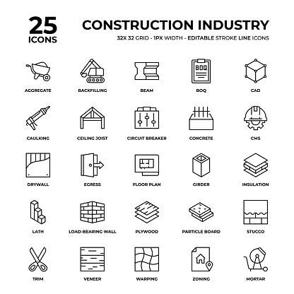 Construction Industry Vector Style Thin Line Icons on a 32 pixel grid with 1 pixel stroke width. Unique Style Pixel Perfect Icons can be used for infographics, mobile and web and so on.