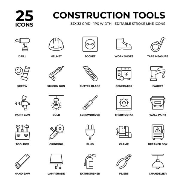 ilustrações, clipart, desenhos animados e ícones de conjunto de ícones da linha de ferramentas de construção - grinding