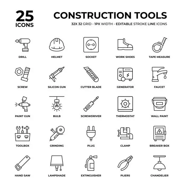 Vector illustration of Construction Tools Line Icon Set