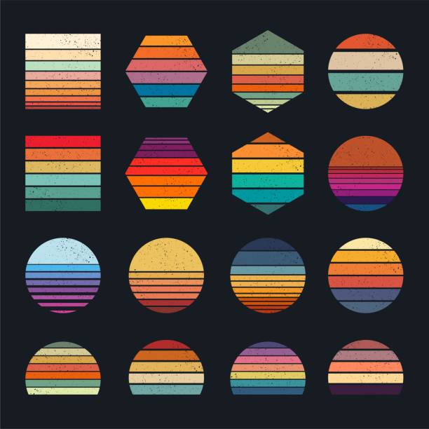 Retro Sunset Retro sunset collection for banner or print. 80s style retrowave striped shapes with different forms and colors. Grunge effect striped shirt stock illustrations