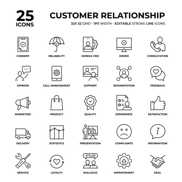 Customer Relationship Line Icon Set Customer Relationship Vector Style Thin Line Icons on a 32 pixel grid with 1 pixel stroke width. Unique Style Pixel Perfect Icons can be used for infographics, mobile and web and so on. better complaint stock illustrations