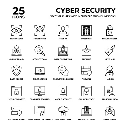 Cyber Security Vector Style Thin Line Icons on a 32 pixel grid with 1 pixel stroke width. Unique Style Pixel Perfect Icons can be used for infographics, mobile and web and so on.