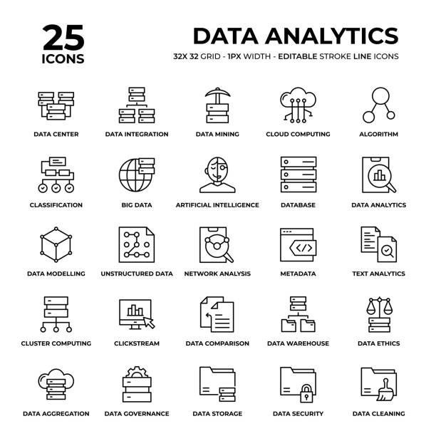 데이터 분석 라인 아이콘 세트 - data base symbol computer icon stock illustrations