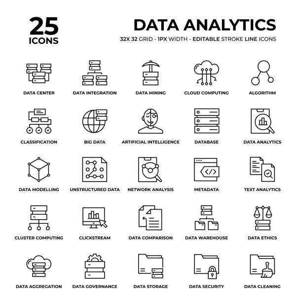 Data Analytics Line Icon Set Data Analytics Vector Style Thin Line Icons on a 32 pixel grid with 1 pixel stroke width. Unique Style Pixel Perfect Icons can be used for infographics, mobile and web and so on. database stock illustrations