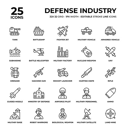 Defense Industry Vector Style Thin Line Icons on a 32 pixel grid with 1 pixel stroke width. Unique Style Pixel Perfect Icons can be used for infographics, mobile and web and so on.