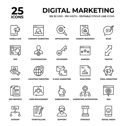 Digital Marketing Vector Style Thin Line Icons on a 32 pixel grid with 1 pixel stroke width. Unique Style Pixel Perfect Icons can be used for infographics, mobile and web and so on.