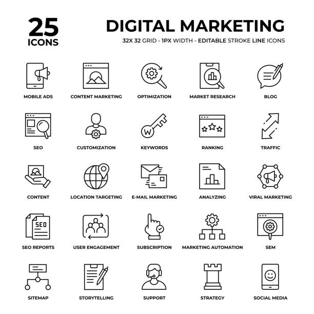 Digital Marketing Line Icon Set Digital Marketing Vector Style Thin Line Icons on a 32 pixel grid with 1 pixel stroke width. Unique Style Pixel Perfect Icons can be used for infographics, mobile and web and so on. SEO stock illustrations