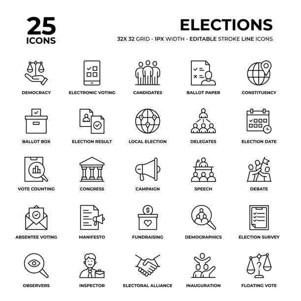 ilustrações, clipart, desenhos animados e ícones de conjunto de ícones da linha de eleições - política
